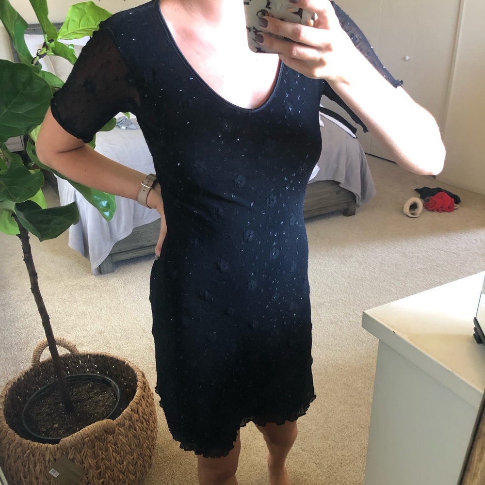 Birou-Birou Black Tinsel 3D Floral Textured Midi Dress Sz S